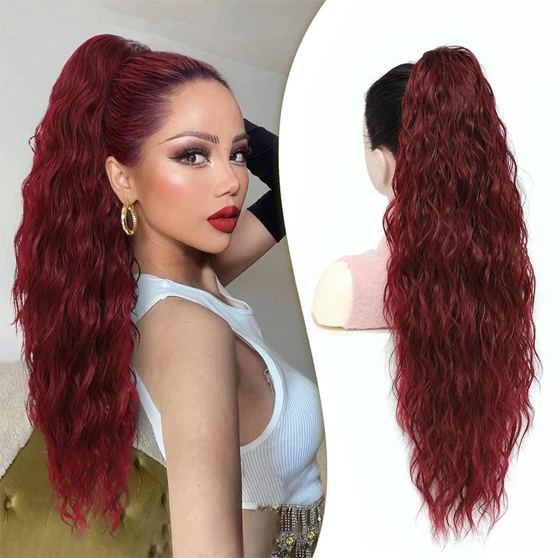 Long Curly Wavy Ponytail Hair Extension For Women Drawstring Ponytail Hairpieces Synthetic Fake Horse Tail Black Blonde Red