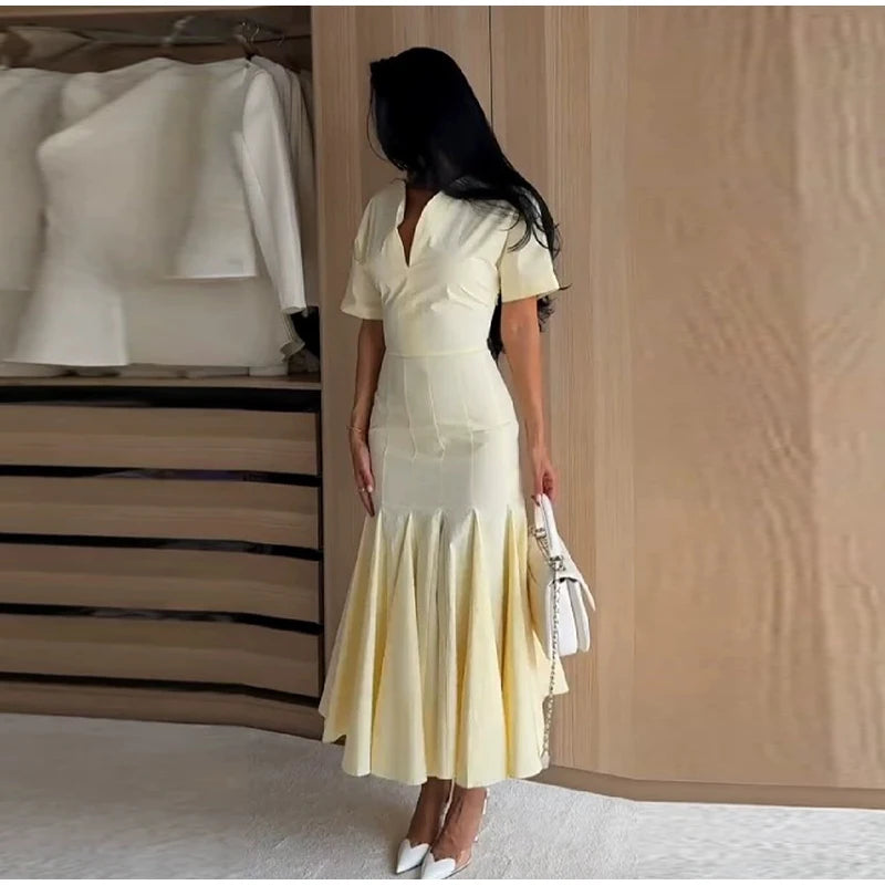 Women Fashion Solid Dress V-neck Ruffles Hem Short Sleeves Waist-cinching Draped Empire Dresses Summer Chic Elegant Summer Gown