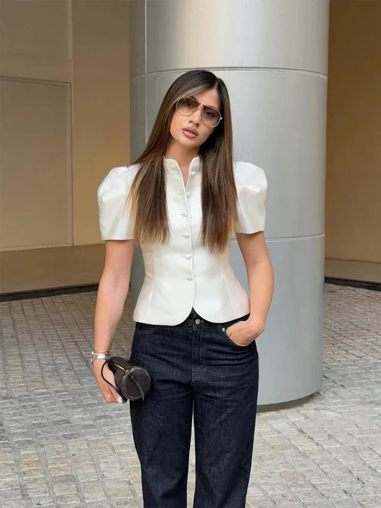 Chic White Lantern Sleeve Shirt Women Solid Stand Collar Stand Collar Slim Shirts Lady Casual Tops Commute Outwear 2026 New
