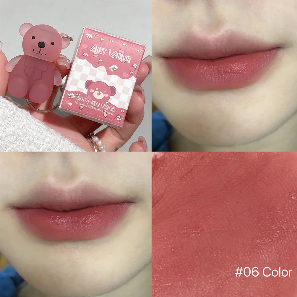 Cute Bear Velvet Lip Mud Keychain Matte Nude Red Lip Gloss Autumn Winter Non-stick Cup Lipstick Waterproof Lasting Lips Makeup