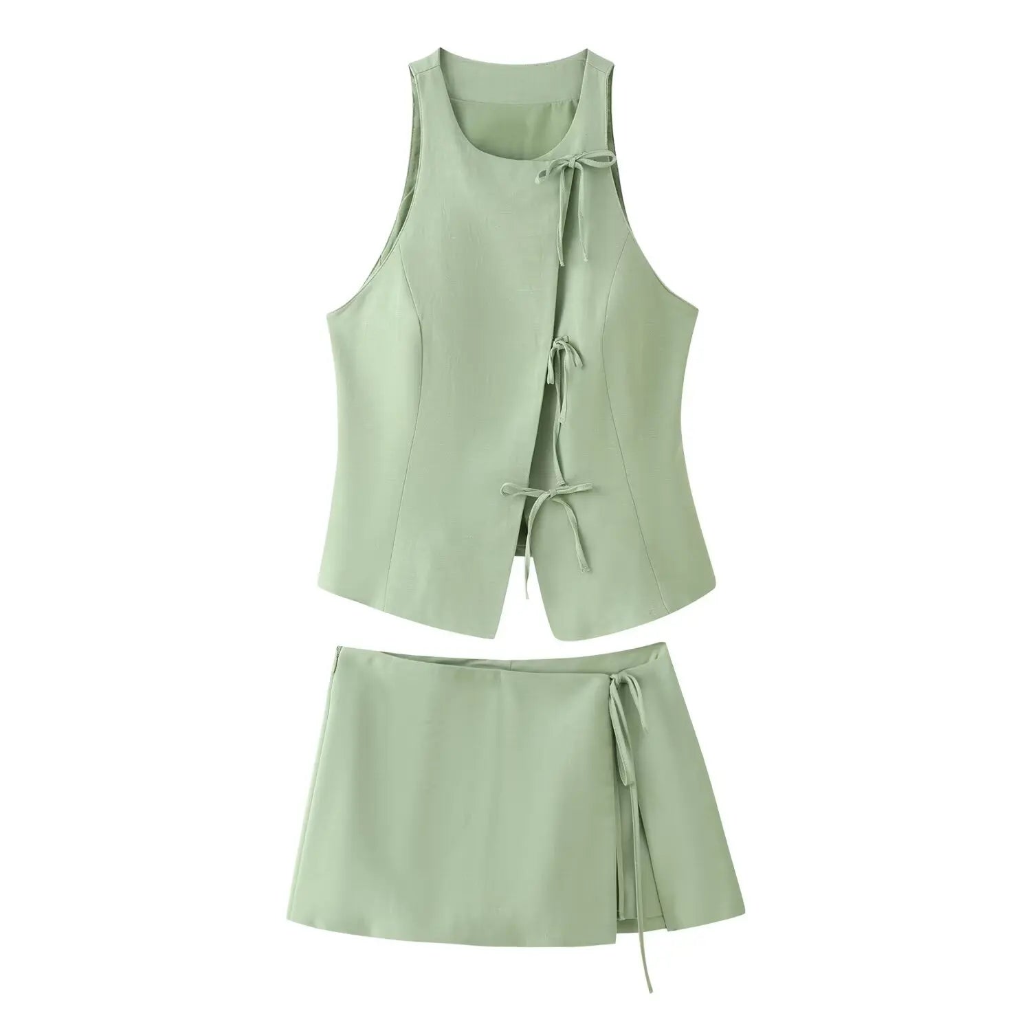 Women Green Bowknot Wide-leg Pant Suits Chic Solid Sleeveless Lace Up Slim Fit Long Pant Sets 2026 Lady Daily Street Outfits New