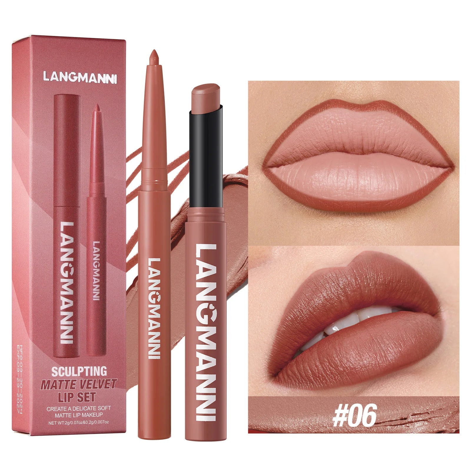 2Pcs/set Matte Soft Mist Slanted Mouth Lipstick + Lip Liner Set Combo Light Matte and Non-Drying Waterproof Non-Stick Lip Set