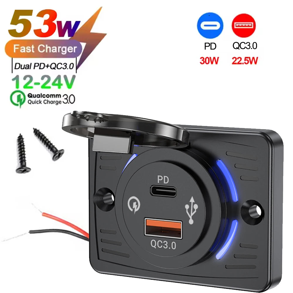 Wall Mount Charger Adapter, 2-4 Ports USB Outlet, QC 22.5W PD 30W Type-C Quick Charge, QC3.0 Panel, Bus, ATV, Truck