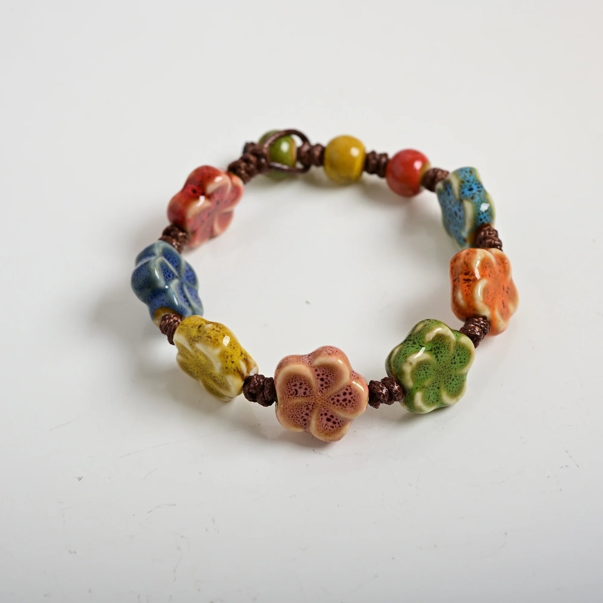 Handmade Ceramic Flower Bracelet 16–18cm Adjustable Cord Jewelry with Pink or Purple Glazed Beads for DIY Boho Style S02-057