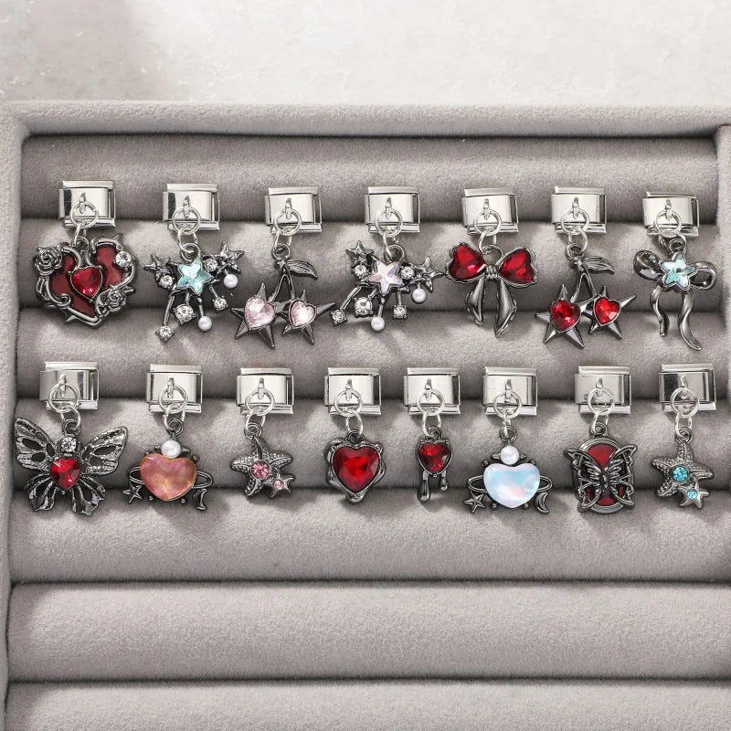 Red Sweet Cute Hollow Bow Knot Leaf Butterfly Rose Italian Charm Links Fit 9mm Stainless Steel Bracelet Jewelry DIY Making Gifts