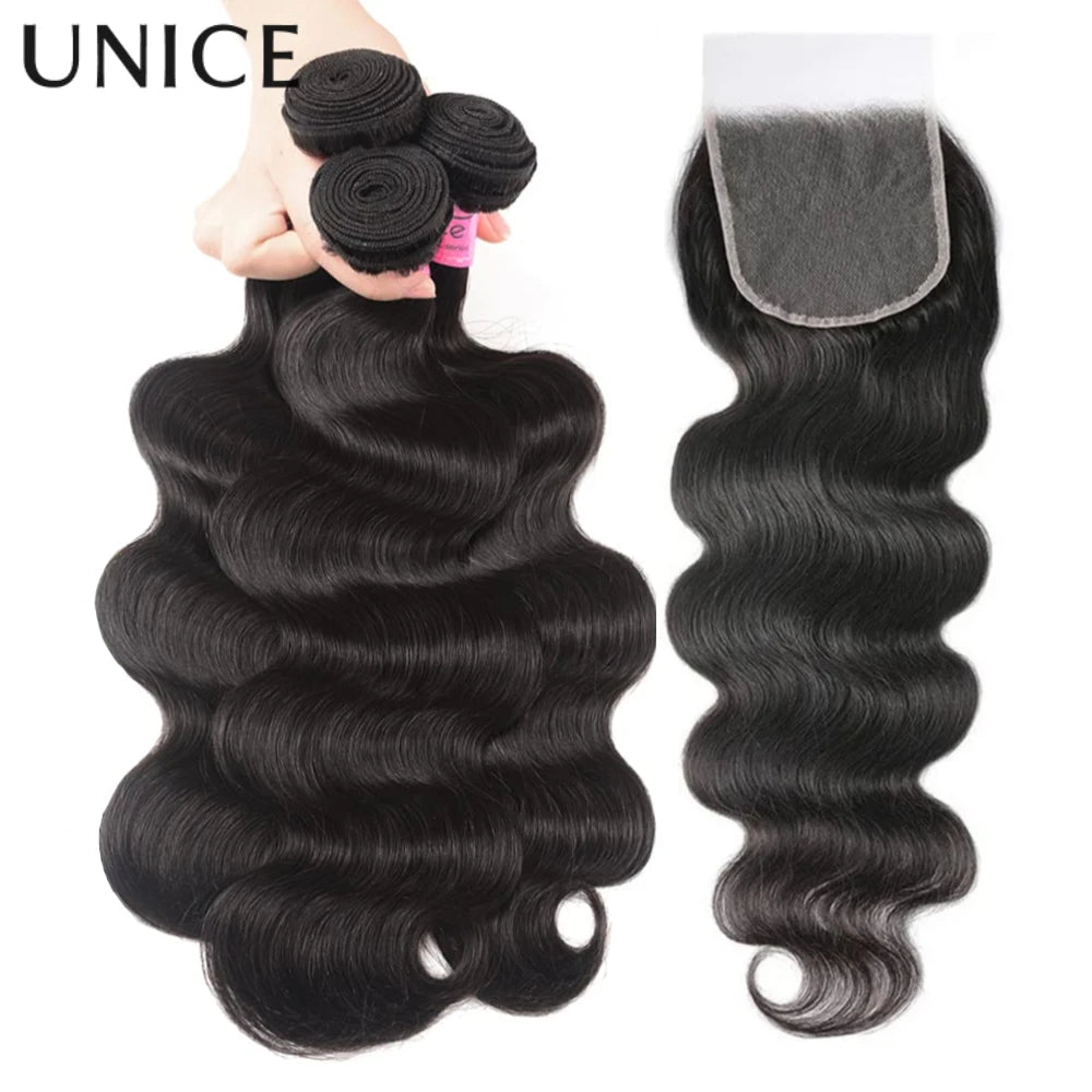 UNice Hair 10A Grade Body Wave Human Hair Bundles 2/3/4 PCS With 1PC Free Part 4x4 / 5x5 HD Lace Closure / 13x4 Lace Frontal