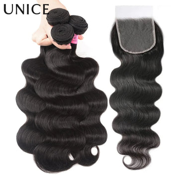 UNice Hair 10A Grade Body Wave Human Hair Bundles 2/3/4 PCS With 1PC Free Part 4x4 / 5x5 HD Lace Closure / 13x4 Lace Frontal