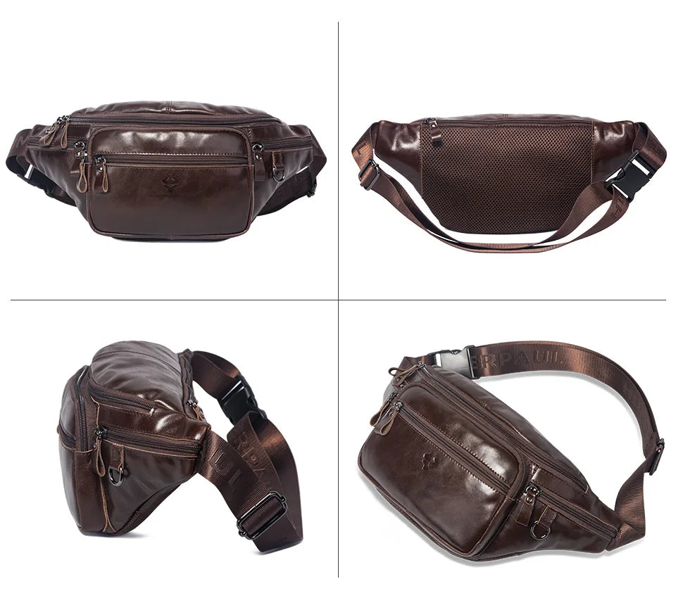 HUMERPAUL Genuine Leather Waist Bag Casual Fanny Pack For Men Multifunction Outdoor Chest Bag Phone Pouch Travel Crossbody Bages