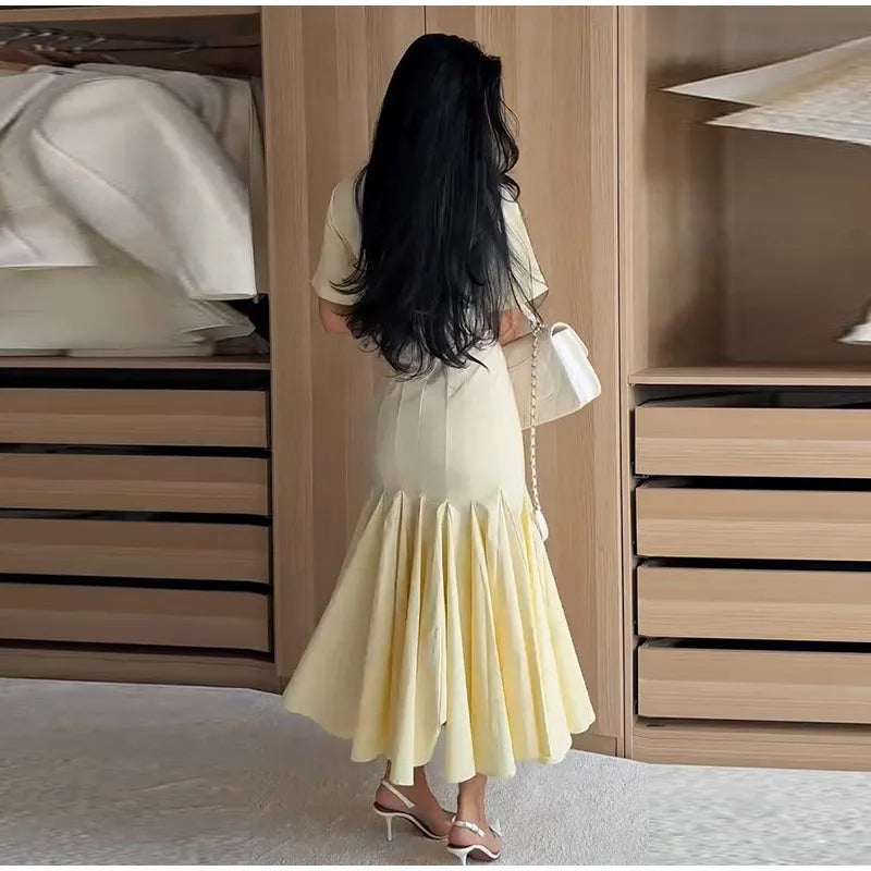 Women Fashion Solid Dress V-neck Ruffles Hem Short Sleeves Waist-cinching Draped Empire Dresses Summer Chic Elegant Summer Gown