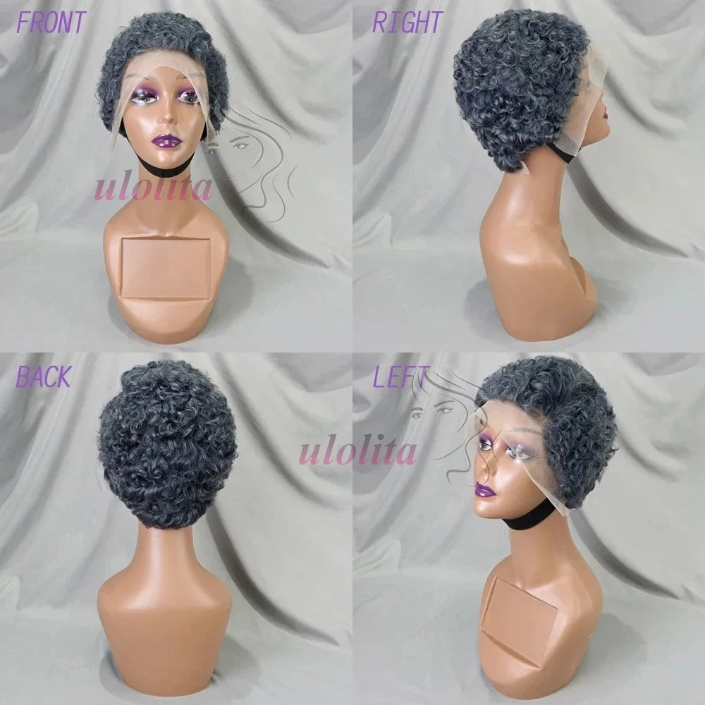 Gray Color Pixie Cut Curly Wave Human Hair Wigs 13x4 Transparent Lace Front Short Afro KinkyCurly Human Hair Wig for Black Women