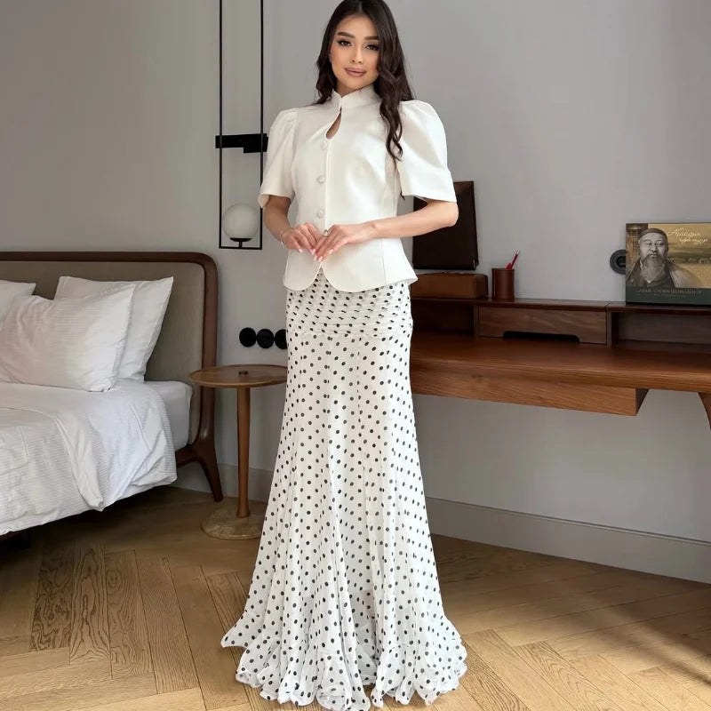 Women Polka Dot Print High Waist Maxi Skirt Elegant Ruched Mermaid Long Skirts 2026 Summer Casual Vacation Fashion  Outwear