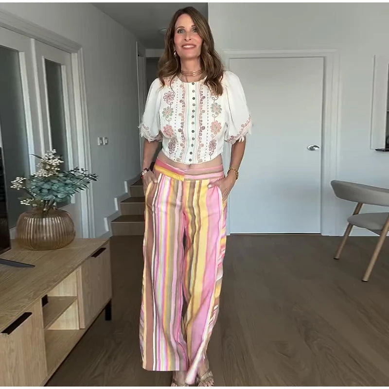 Street Striped Jeans Women's High-Waist Pockets Wide-Leg Trouser 2026 Spring Summer Retro Multicolor Vertical Stripe Denim Pant