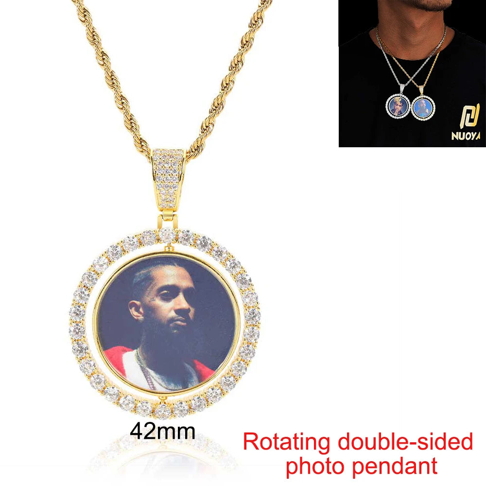 Custom Photo Necklace Circle Chain Personalized Medallion Memory Picture Pendant Solid Back Zircon Hip Hop Jewelry Free Engrave