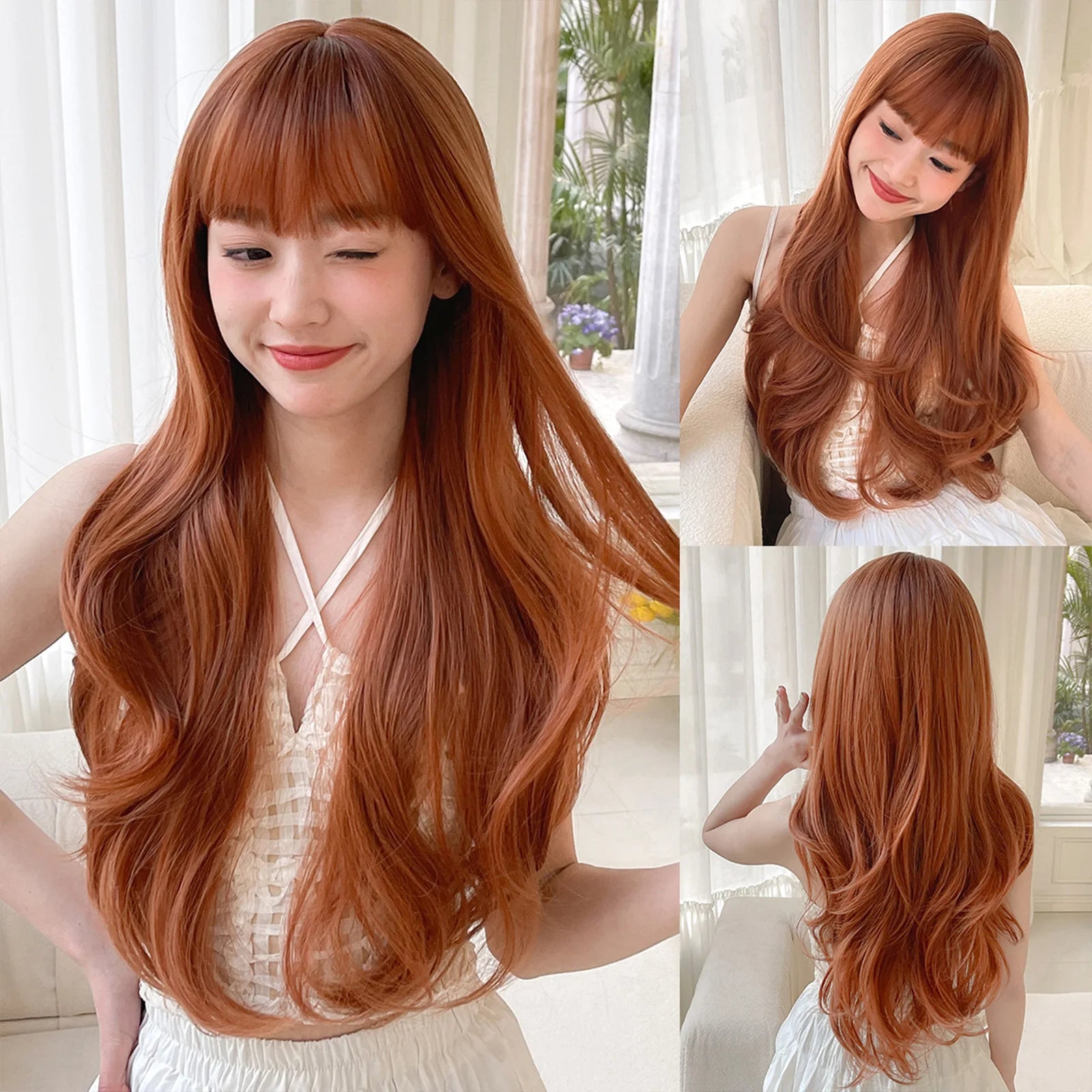 Party Wigs for Girls Fluffy Curly Hair with Bangs Orange Synthetic Wig for Women Cosplay Wigs Natural Daily Heat Resistant Fiber