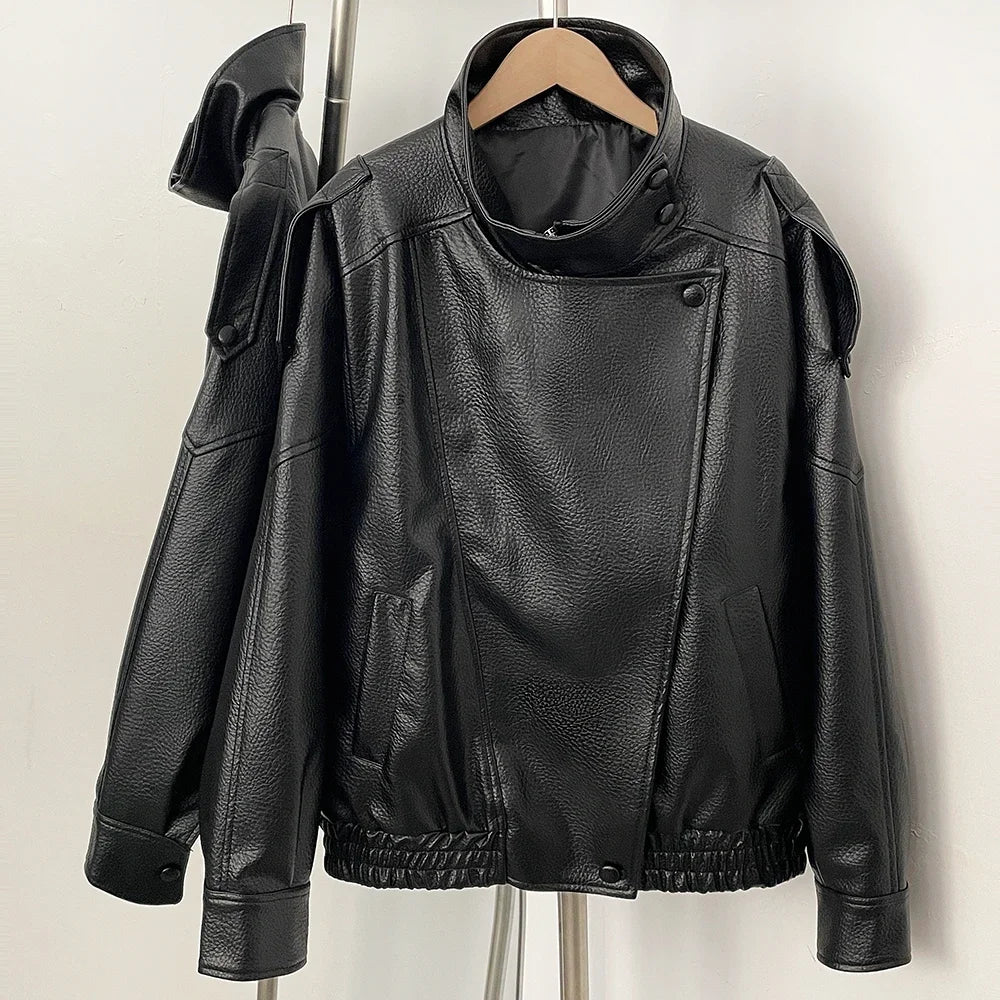 Fake leather Coat Women Y2k Faux Leather Jacket New Casual PU Jacket Motorcycle Style Leather Jacket Pebble Fall Personality