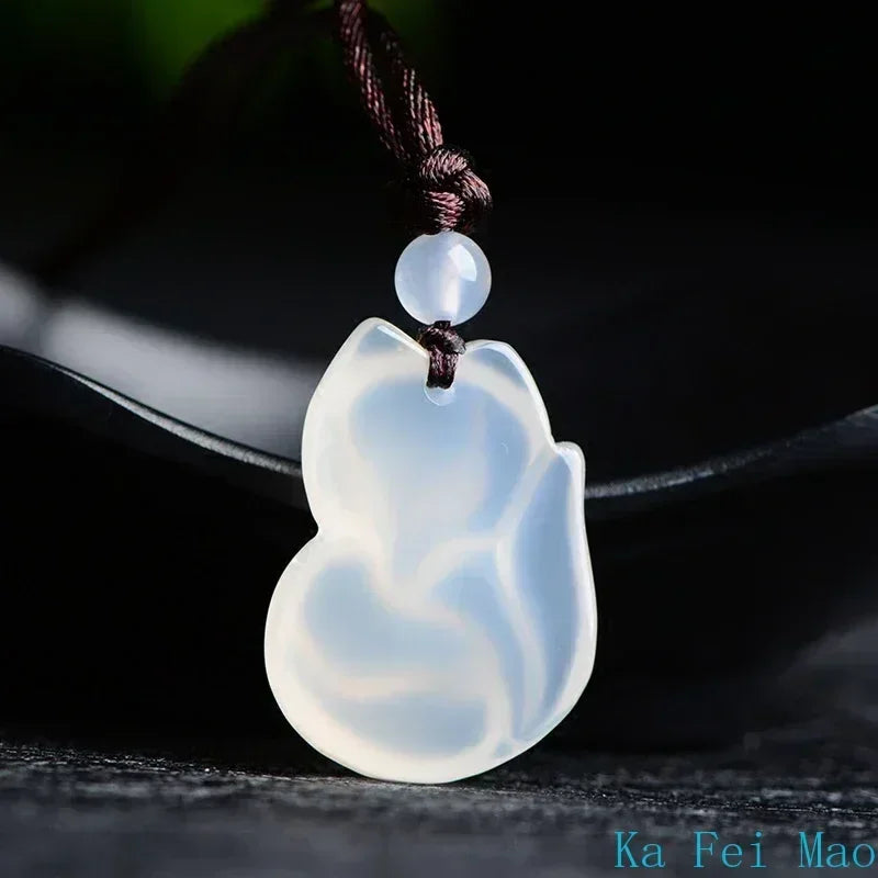 Jade Fox Necklace Pendant Natural Green White Chalcedony Chinese Fashion Charm Jewelry Carved Amulet Gifts for Women Men