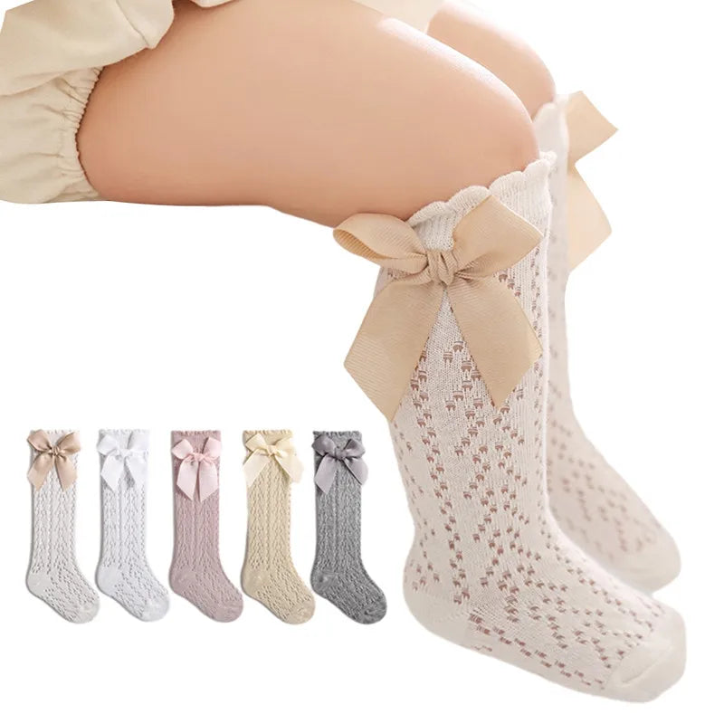 0-3years Infant Baby Girls Long Stockings Princess Solid Color Cute Bowknot Socks Spring Summer Thin Mesh Over-The-Knee Socks