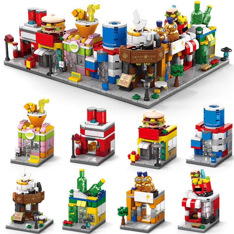 NEW Restaurant Dessert Coffee Pet Fruit Store Street View Food House Building Blocks Kit  Bricks Model Toy