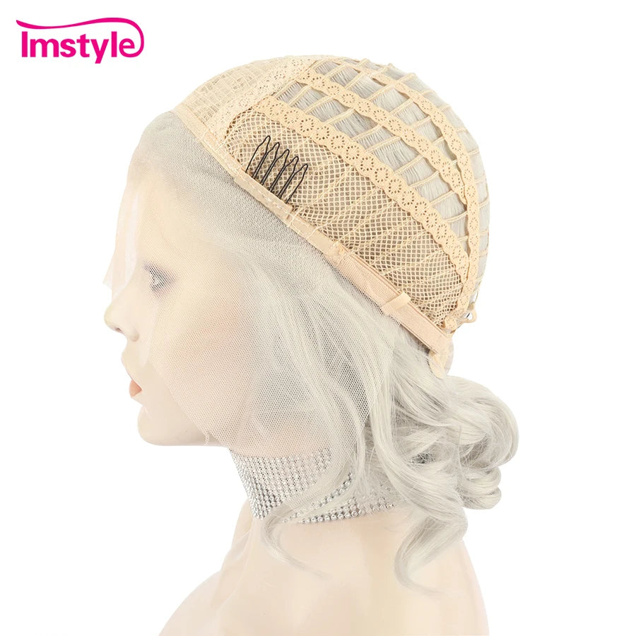 Imstyle Short Wig Grey Synthetic Lace Front Wig Natural Hairline Wavy Wig Heat Resistant Fiber Cosplay Wigs For Women Party Wig
