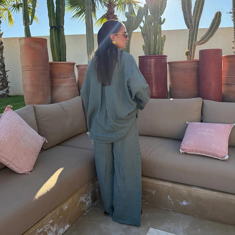 Casual Women's Pants Set Turn-down Collar Shirt Loose Bottom Female Plaid Printing Sets 2026 Summer Fashion Commute Lady Suit