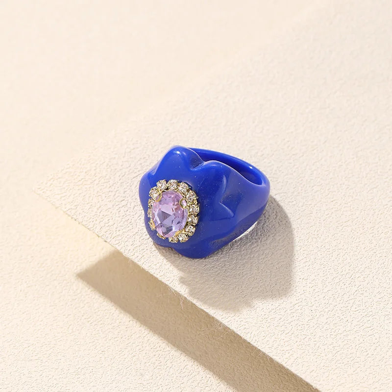 New Trendy Colorful Acrylic Rhinestone Rings Sets for Women Flower Large Finger Rings for Girls Korean Party Jewelry INS Gifts