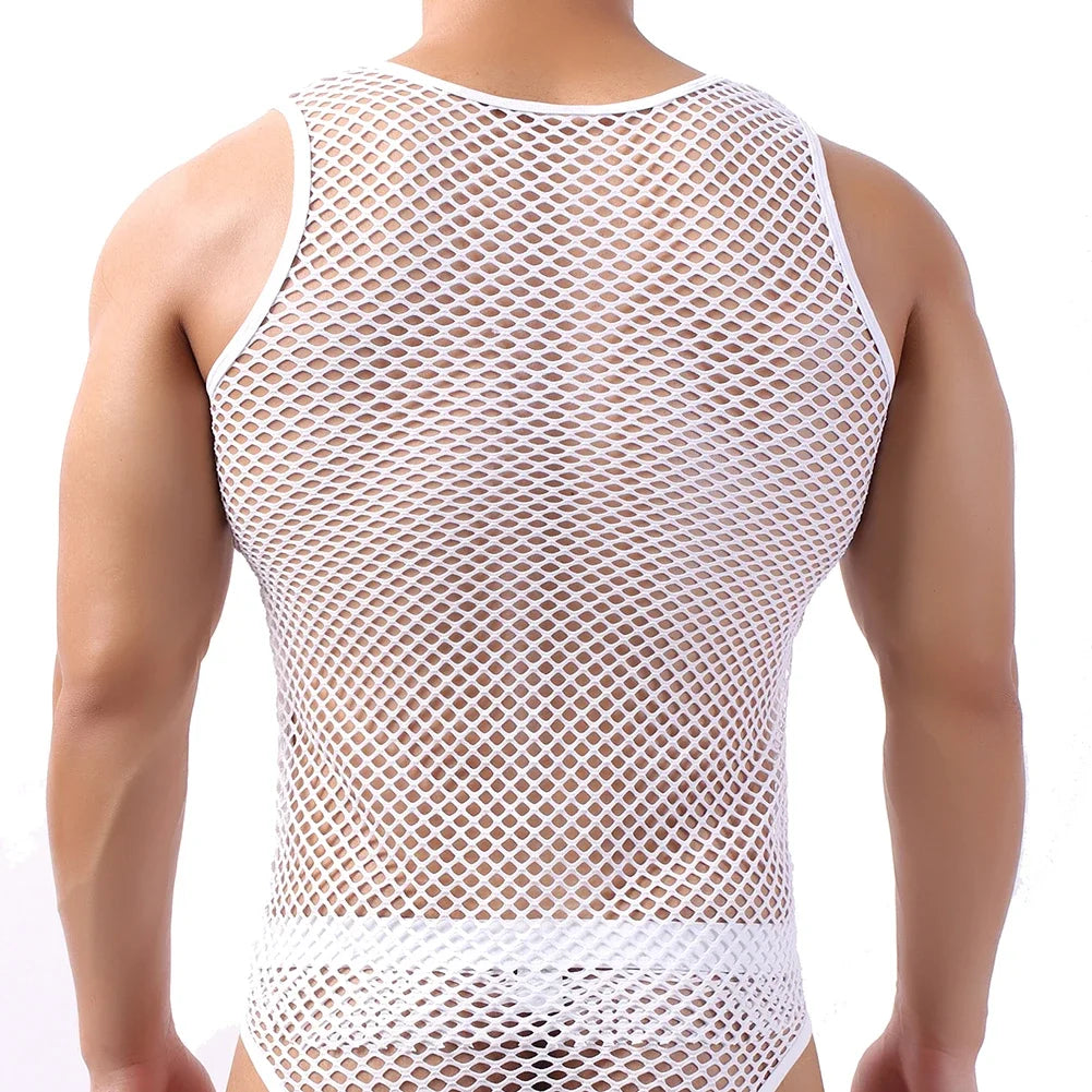 Fashion Tank Tops For Men Hollow Out Undershirt Mesh Breathable Sleeveless Vest