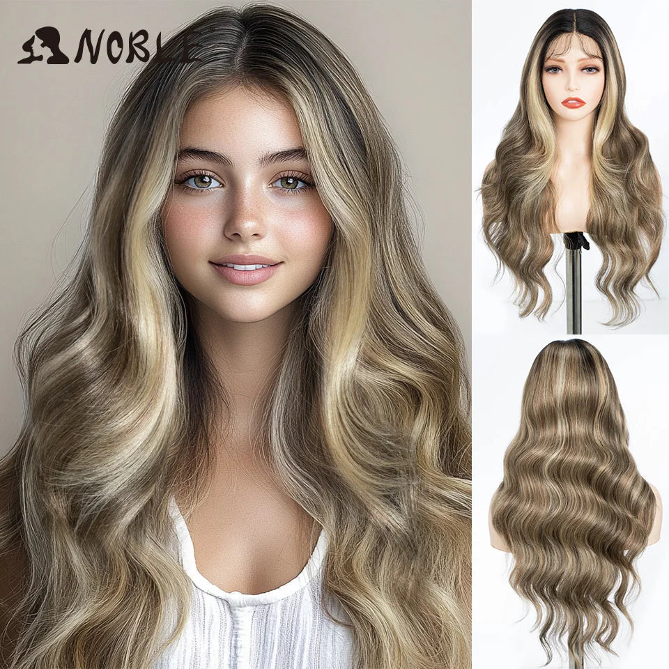 Noble Synthetic Lace Front Wig  28 Inch Highlight Honey Brown Body Wave Wig Cosplay Wigs For Women Lace Wig Lace Wig Synthetic