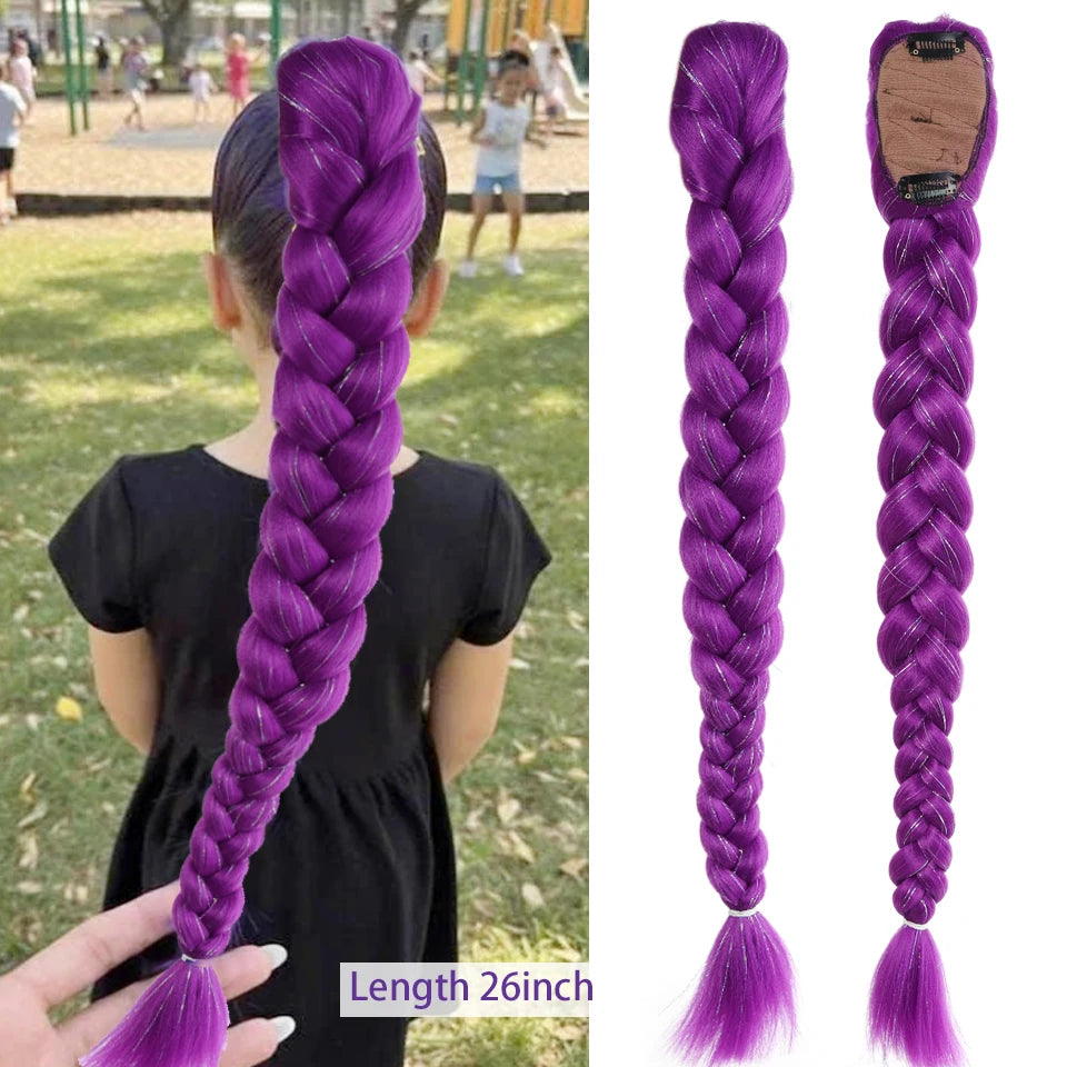 Synthetic Purple Braided Hair Ponytail Rumi Costume Hairstyle Long Ponytail with Rubber band and Clips for Kids Girls Christmas