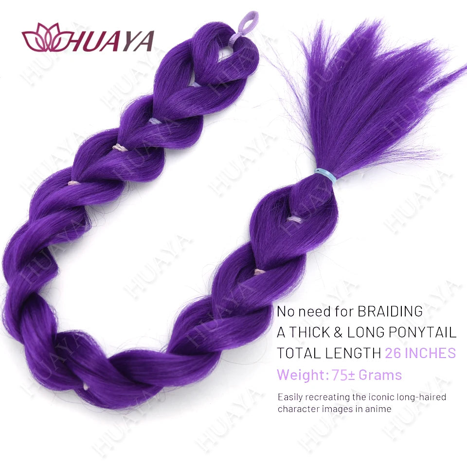 Synthetic Purple Braided Hair Ponytail Rumi Costume Hairstyle Long Ponytail with Rubber band and Clips for Kids Girls Christmas