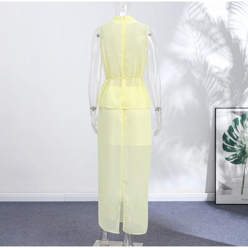 Casual Yellow Top Long Skirts Sets Women Sleeveless Lace Up Tops Straight Slit Skirt 2026 Summer Holiday Street Lady Solid Suits