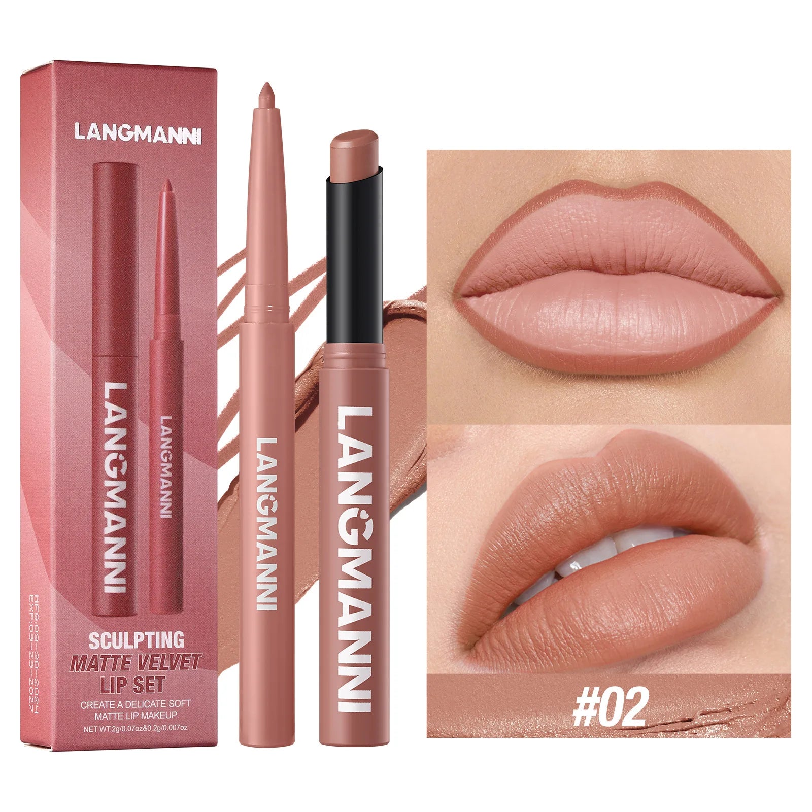 2Pcs/set Matte Soft Mist Slanted Mouth Lipstick + Lip Liner Set Combo Light Matte and Non-Drying Waterproof Non-Stick Lip Set