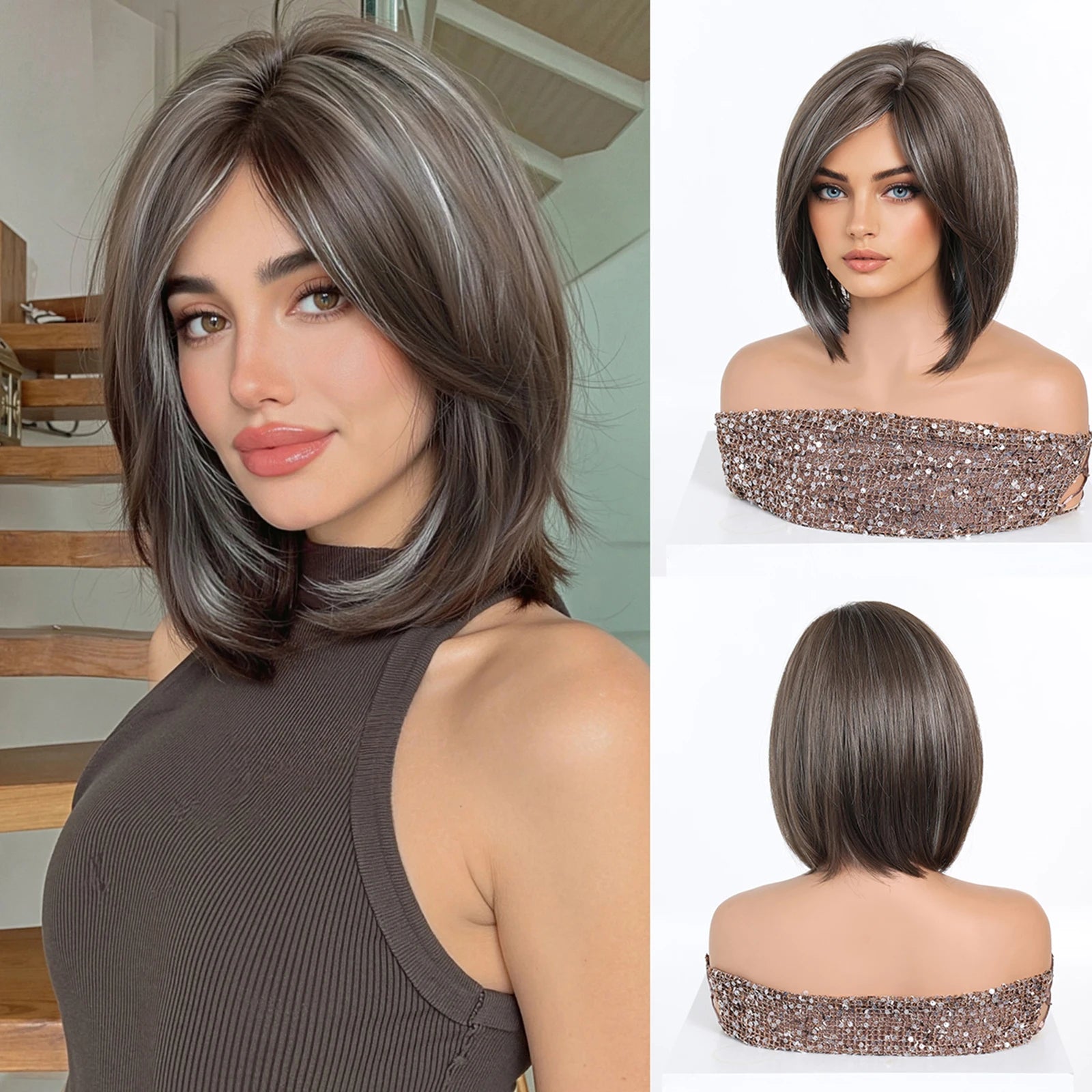 LOUIS FERRE Brown Bob Wig with Bangs for Women Short Synthetic Hair Wig Heat Resistant Natural Looking Daily Cosplay Party Use
