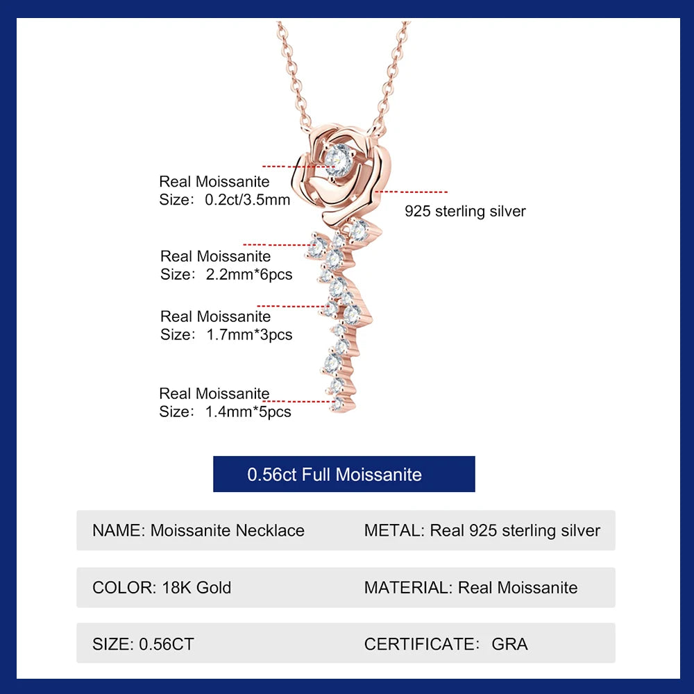 Rose Gold Full Moissanite Necklace Original Certified 18k Gold Plated 925 Silver Rose Flower Choker Chains for Women Jewelry GRA