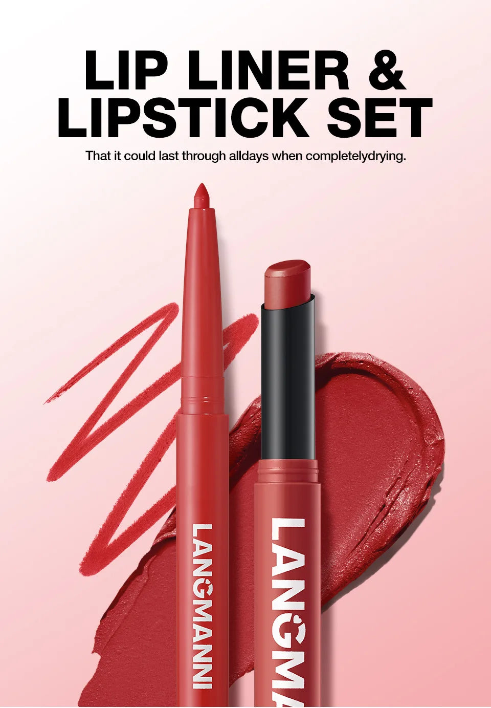 2Pcs/set Matte Soft Mist Slanted Mouth Lipstick + Lip Liner Set Combo Light Matte and Non-Drying Waterproof Non-Stick Lip Set