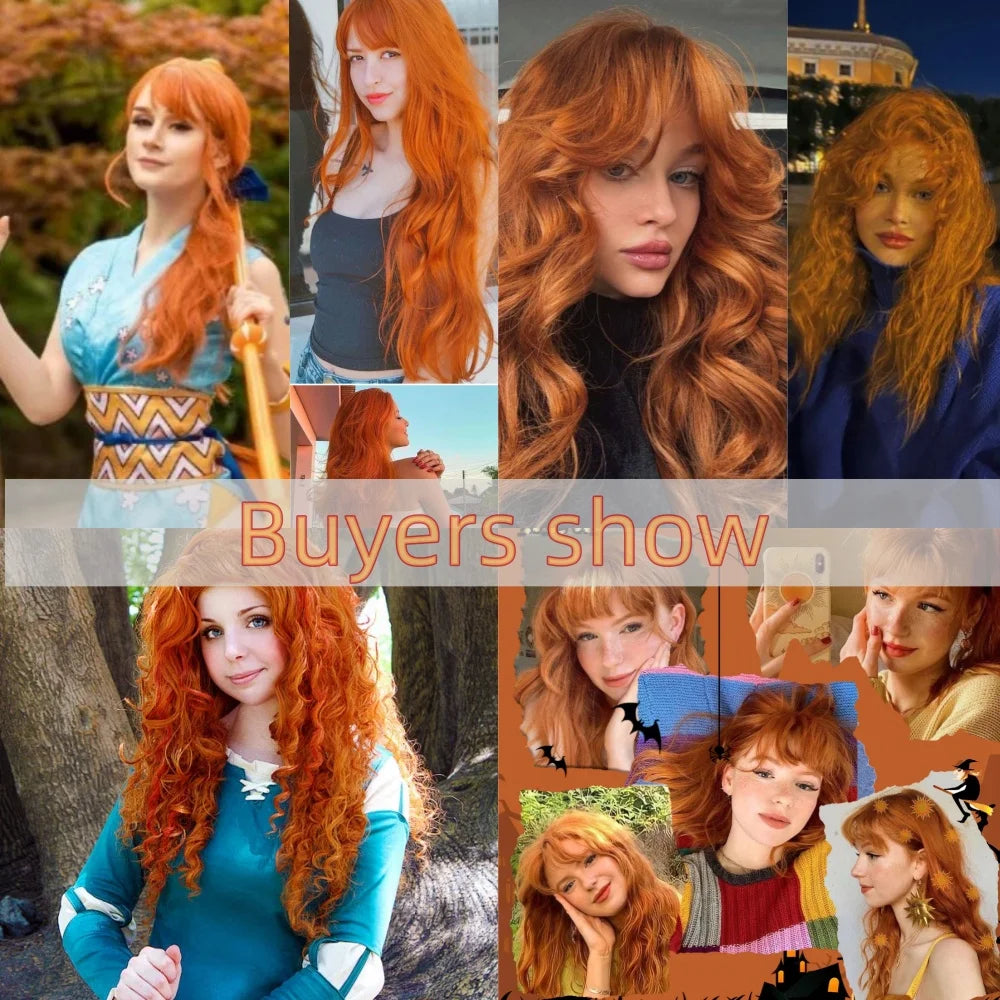 Party Wigs for Girls Fluffy Curly Hair with Bangs Orange Synthetic Wig for Women Cosplay Wigs Natural Daily Heat Resistant Fiber