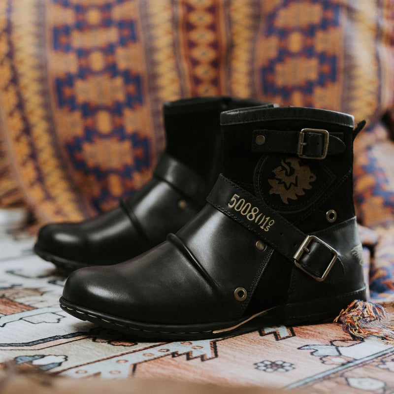 Cowboy Men's Ankle Boots High Quality Retro Men Motorcycle Boots Luxury Fashion Western Boot Metal Style Zippers Men Shoes 39-48