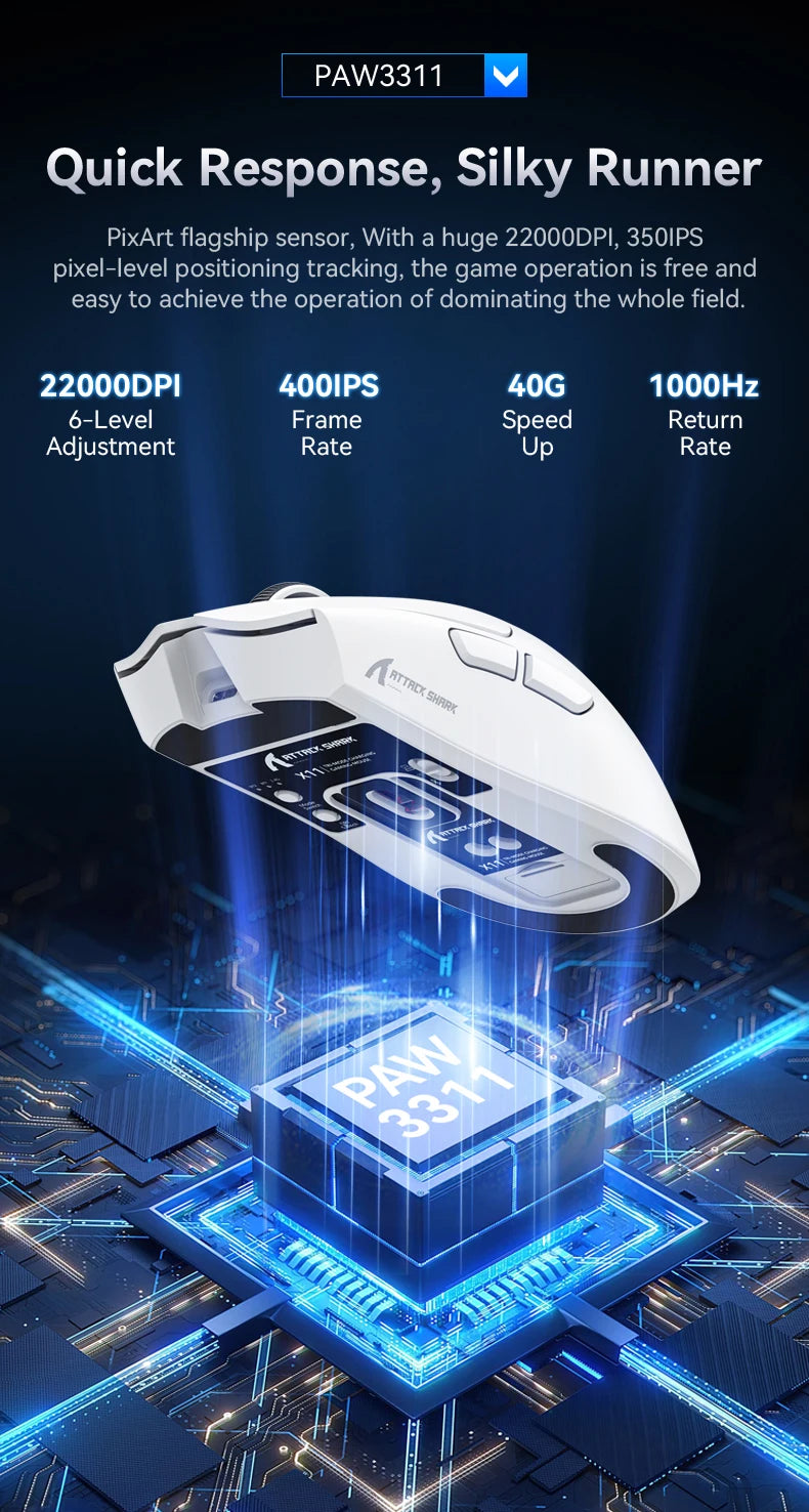 ATTACK SHARK X11 PAW3311 optical sensor,maximum resolution of 22K DPI acceleration up to 40G,edge in competitive gaming