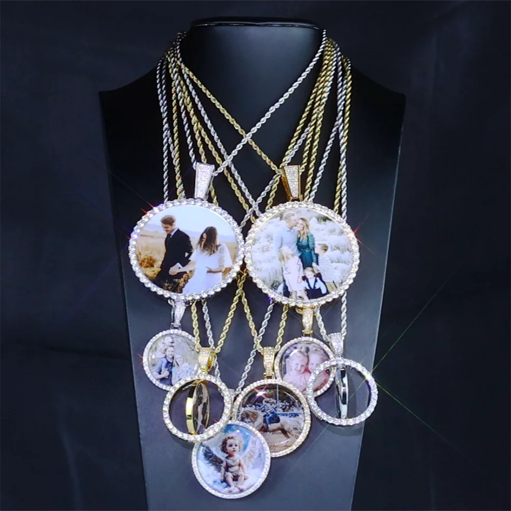 Custom Photo Necklace Circle Chain Personalized Medallion Memory Picture Pendant Solid Back Zircon Hip Hop Jewelry Free Engrave