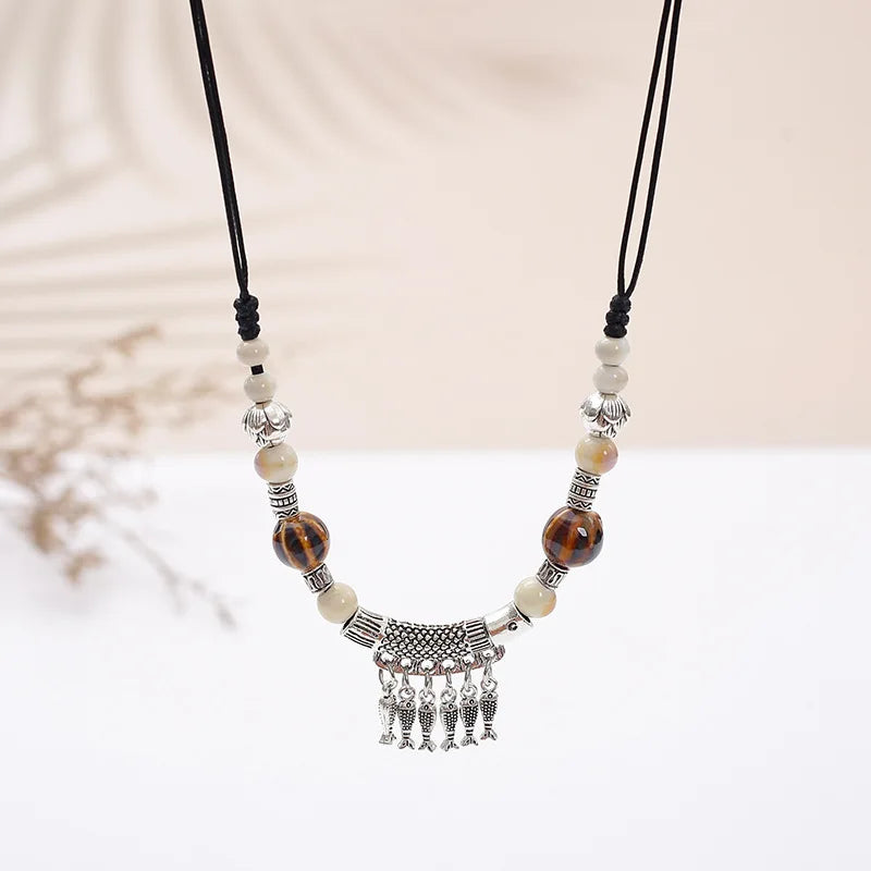 Fashion Ethnic Jewelry Traditional Handmade Ornaments Weave Wax Rope Ceramics Necklace Ceramics Beads Pendant Long Necklace