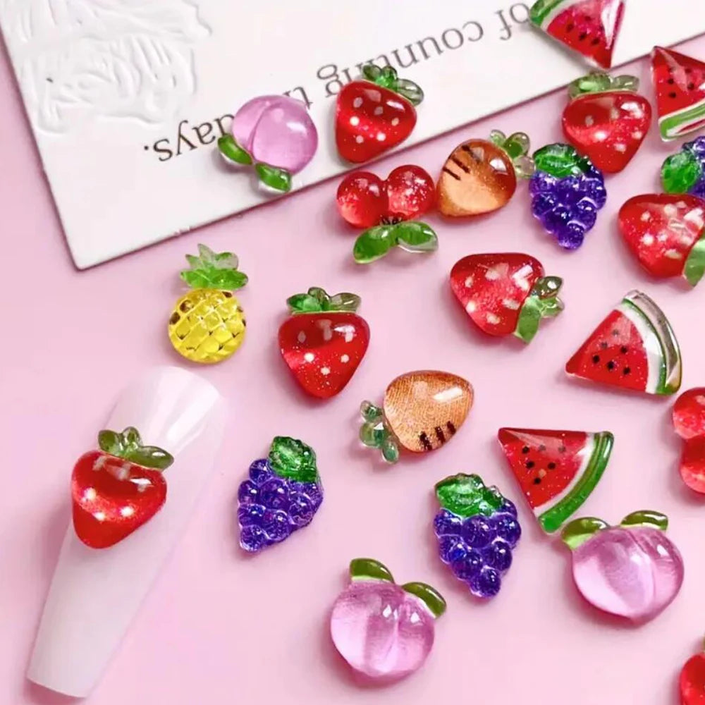 50pcs 3D Strawberry Cute Nail Charms Cartoon Fruit Flatback Resin Rhinestone Gems Red Strawberry Designs Nail Decoration Jewelry