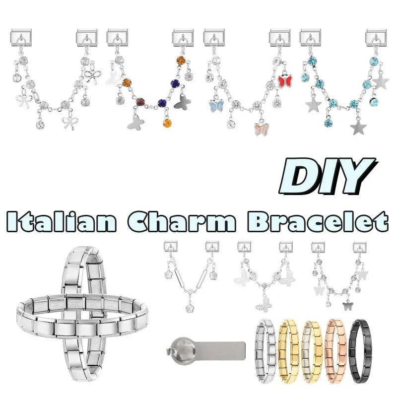 Star Butterfly Heart Zircon Round Pearls Tassel Chain Italian Charm Links Fit 9mm Bracelet Stainless Steel Women DIY Making Gift