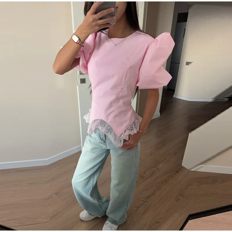 Women Round Neck Puff Sleeve Blouse Solid Lace Trim Asymmetrical Hem Slim Fit Shirt 2026 Spring Summer Chic Elegant Casual Top