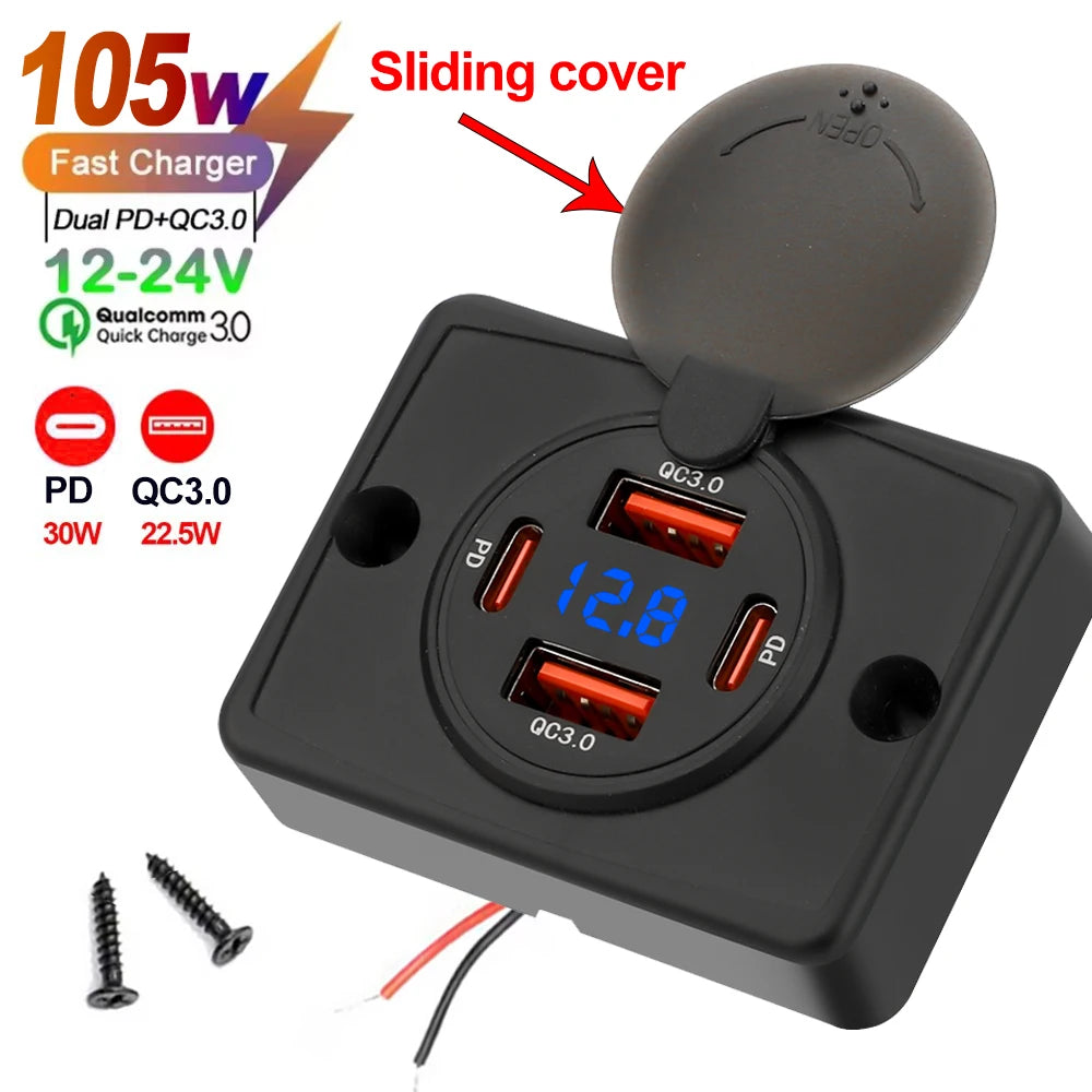 Wall Mount Charger Adapter, 2-4 Ports USB Outlet, QC 22.5W PD 30W Type-C Quick Charge, QC3.0 Panel, Bus, ATV, Truck