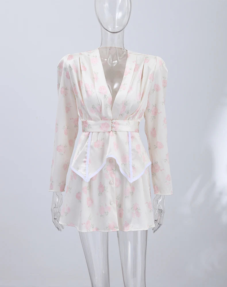 Print Women Dress Deep V Mini Dress Puff Sleeve High Waist Dress Two Piece Outfit With Waistband Elegant Slim Fit Outfit