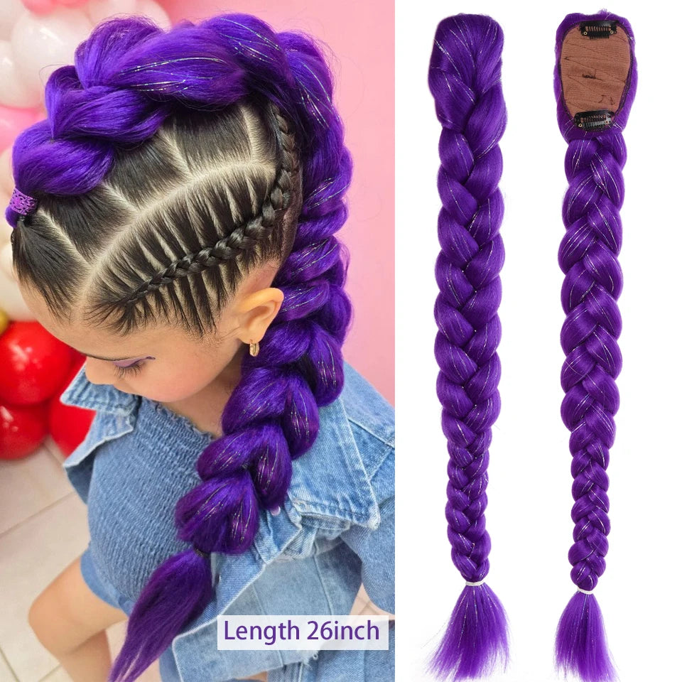 Synthetic Purple Braided Hair Ponytail Rumi Costume Hairstyle Long Ponytail with Rubber band and Clips for Kids Girls Christmas