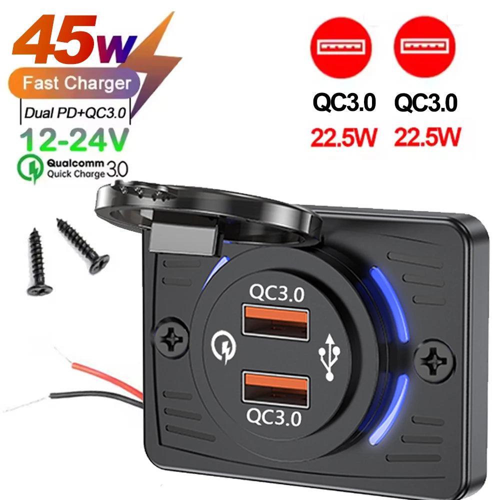 Wall Mount Charger Adapter, 2-4 Ports USB Outlet, QC 22.5W PD 30W Type-C Quick Charge, QC3.0 Panel, Bus, ATV, Truck