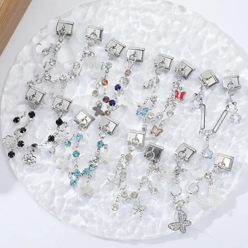 Star Butterfly Heart Zircon Round Pearls Tassel Chain Italian Charm Links Fit 9mm Bracelet Stainless Steel Women DIY Making Gift