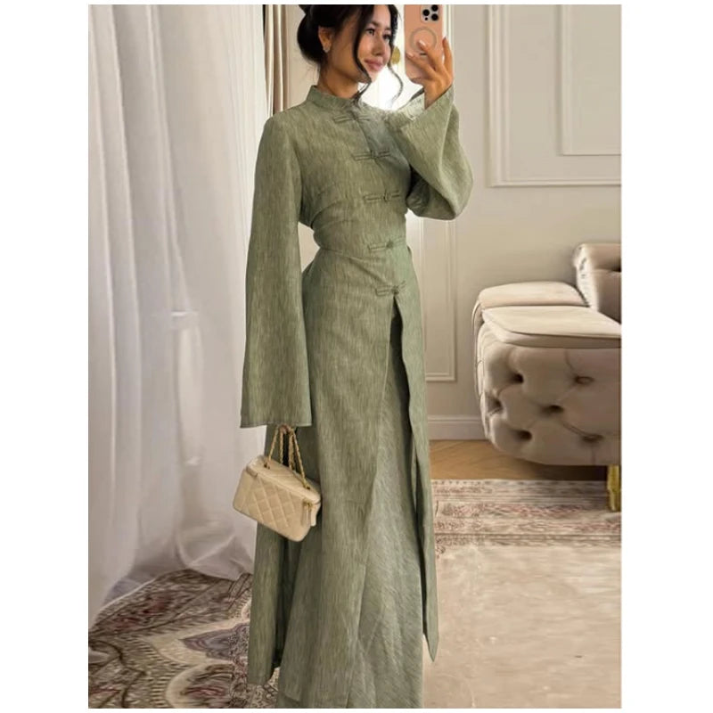 Chinese Style Frog Button Two Piece Set Long Flared Sleeve Ruched Waist Traditional Oriental Outline Sets Spring Picnic Outfit
