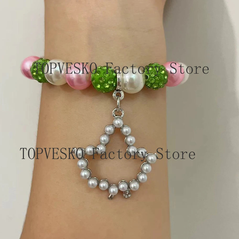 Alpha Pink Green Beads Inlaid Pearl Ivy Pendant Bracelet
