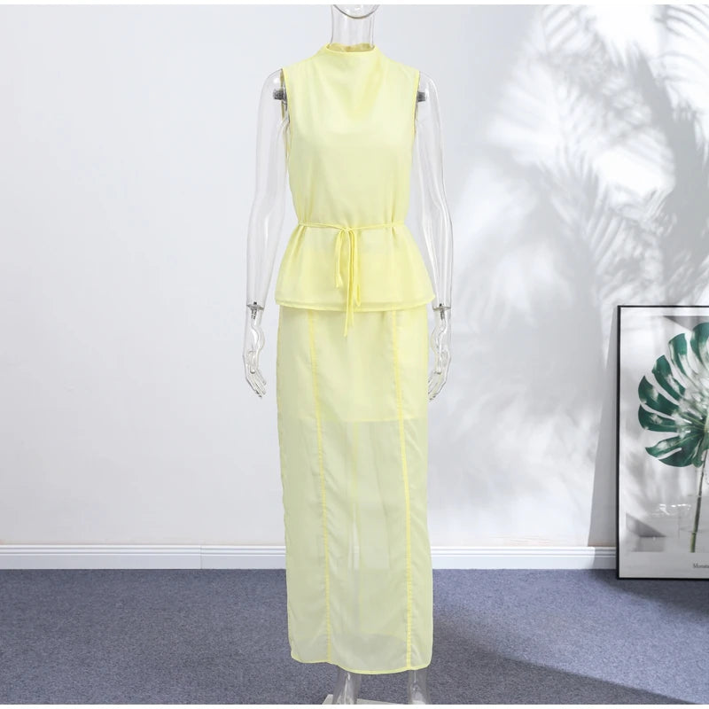 Casual Yellow Top Long Skirts Sets Women Sleeveless Lace Up Tops Straight Slit Skirt 2026 Summer Holiday Street Lady Solid Suits